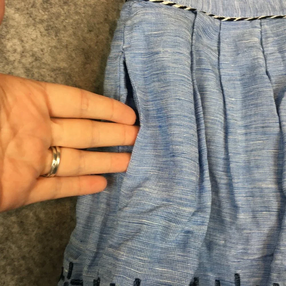Anthropologie Odille Skirt 4 Blue Linen Blend Layered Embroidered A Line Knee